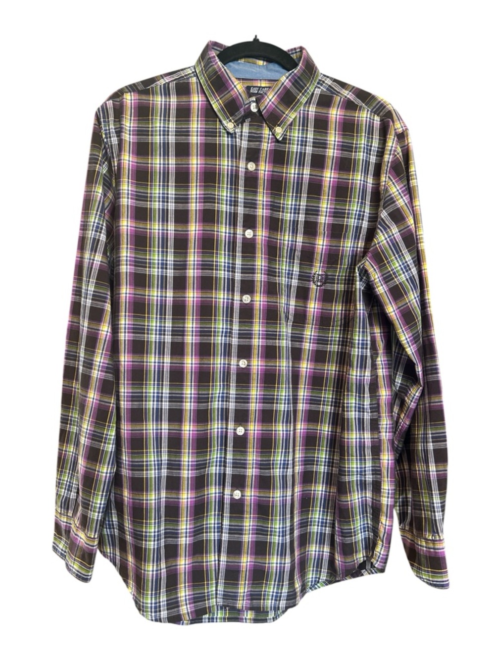 Chaps Men’s Plaid Button-Down Shirt in Blue, Purple and Yellow, Size M